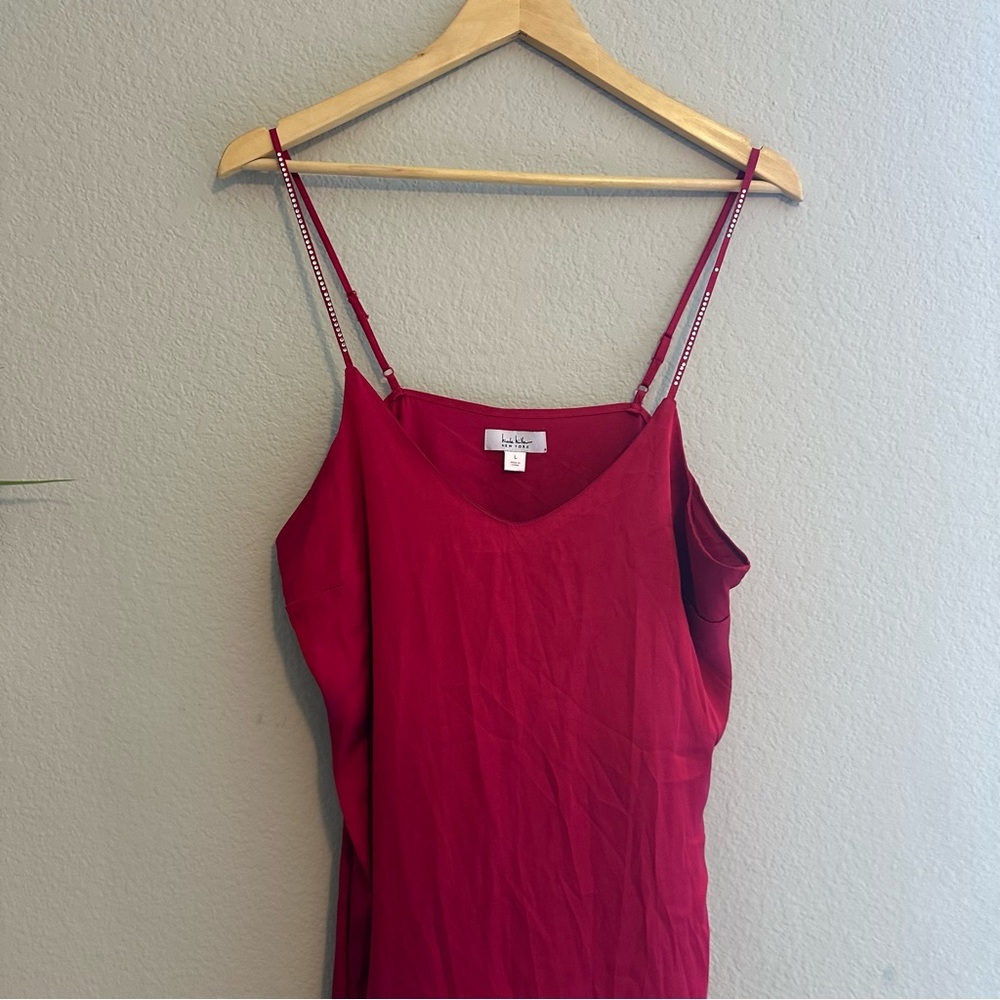 nicole miller red rhinestone strap satin slip dress vivid red midi slit sz large - Picture 4 of 10